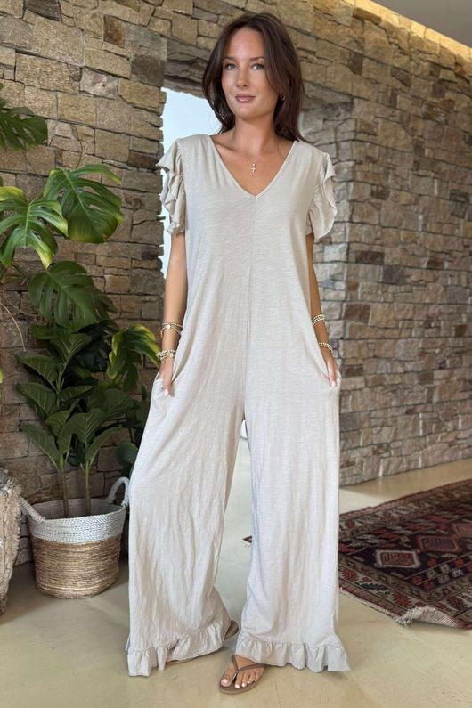 Made in Italy Bay Slub Mamma Mia Frill Jumpsuit Stone /8 =